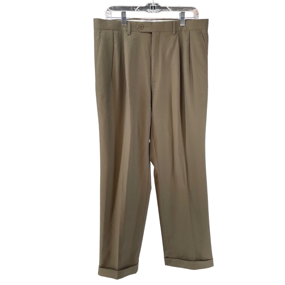 T Harris London Mens Brown‎ Wool Double Pleated Dress Pants 34x30 Luxury *Read*
